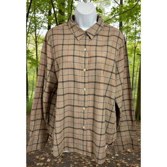 Jenni Kayne Tops - Jenni Kayne Brown Plaid Button Front Shirt Sz Medium Long-Sleeve 100% Cotton